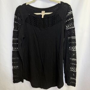 XCVI Womens Black Lace Sleeve Knit Top Large Cotton Grunge Boho Whimsygoth Goth